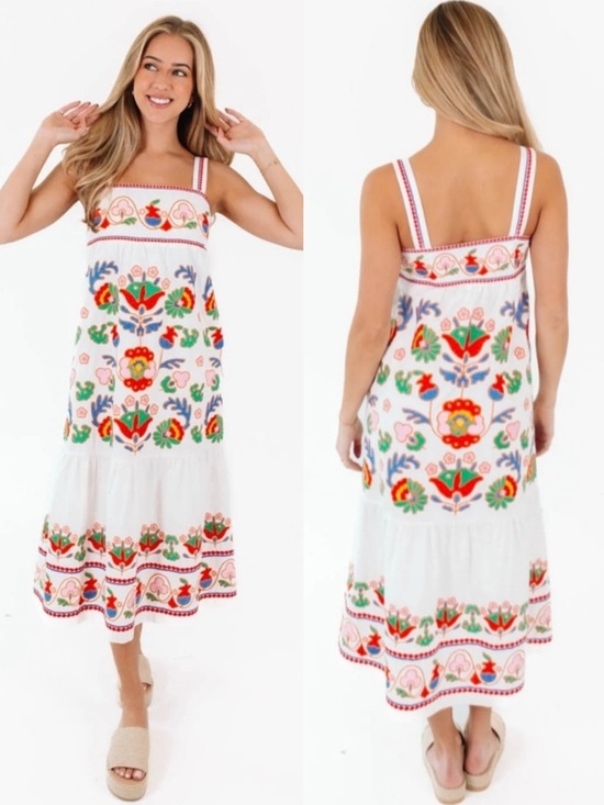 NWT J.Marie Landon White Multi Embroidered Sleeveless Preppy Vacation Midi Dress - Picture 3 of 8